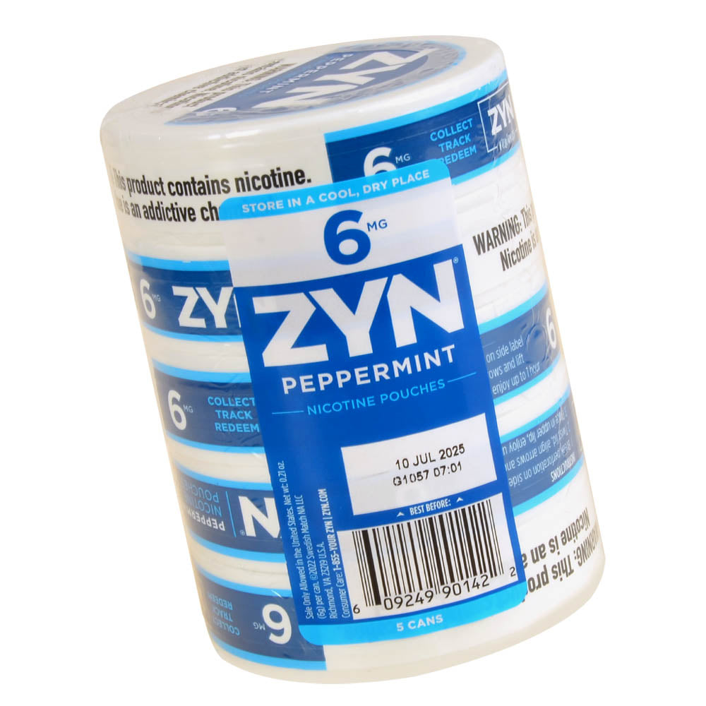 ZYN Nicotine Pouches 6mg 5 Cans of 15 Peppermint