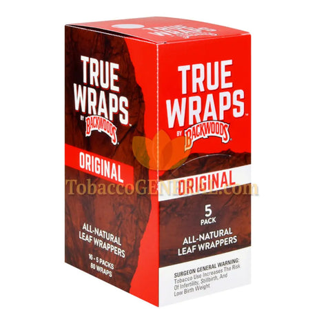 Backwoods True Wraps All-Natural Leaf Wrappers 16 Packs of 5 Original