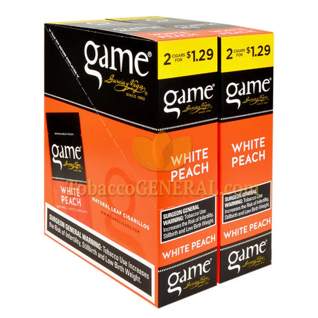 Game Cigarillos Foil White Peach 2 for 1.29 Pre-Priced 30 Packs of 2